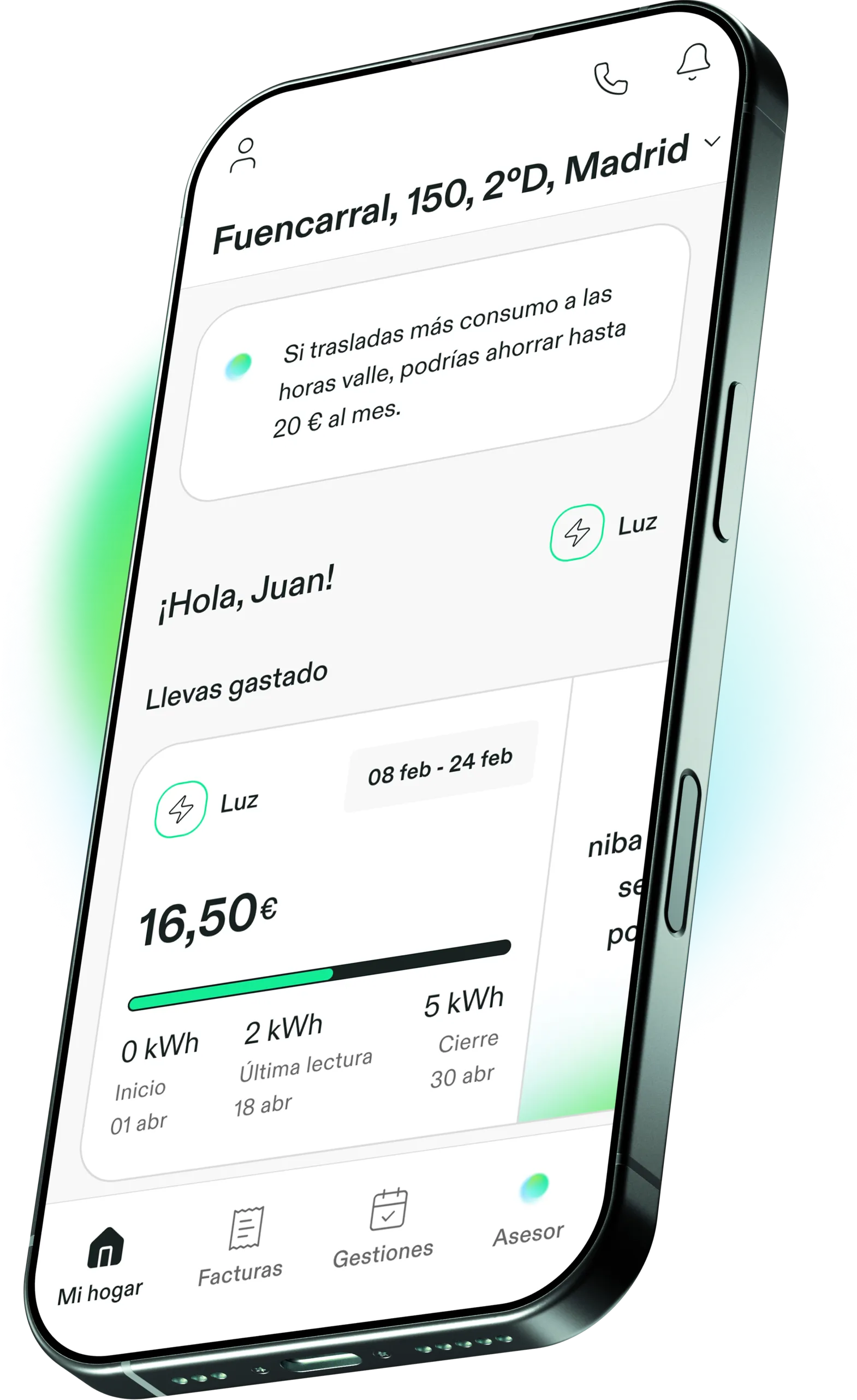 App de niba mostrando el panel de consumo energético